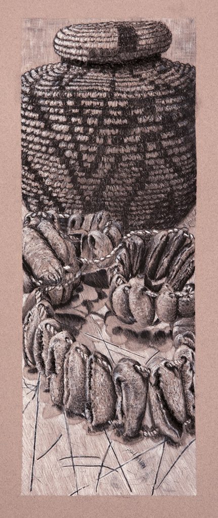 A drawing of an African basket and seed pod belt