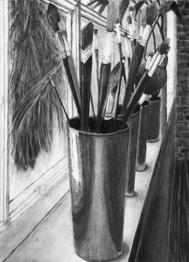Charcoal drawing of four silver containers on a windowsill of various sizes of artist's paintbrushes