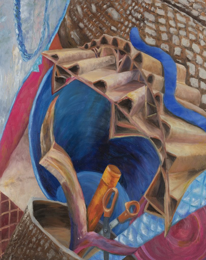 collections of household items of pottery, scissors, cardboard, collaged into an abstract oil painting