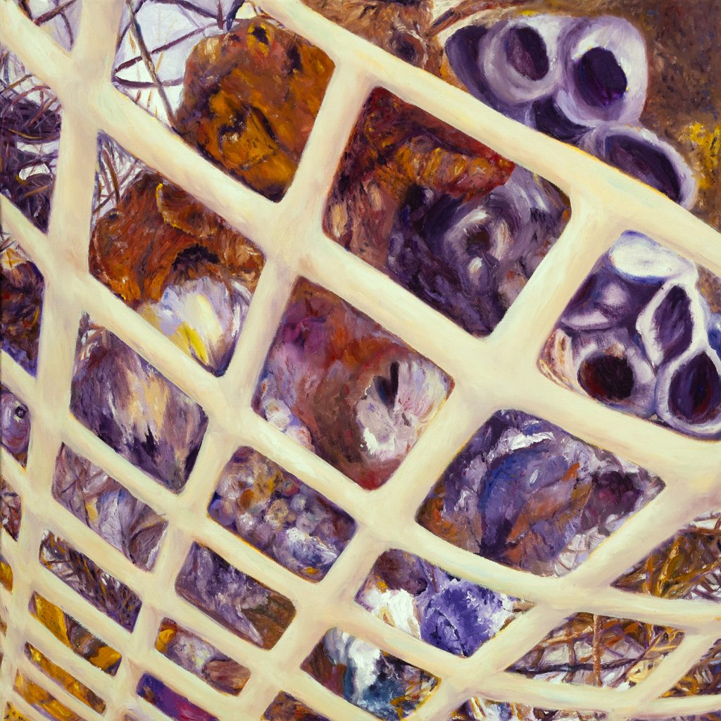abstract painting of collaged of a basket container holding organic materials including wasp nests, leaves, birds nests