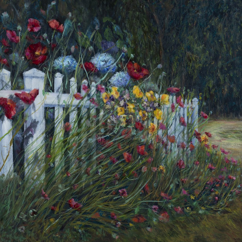 a white fence is over taken by summer flowers