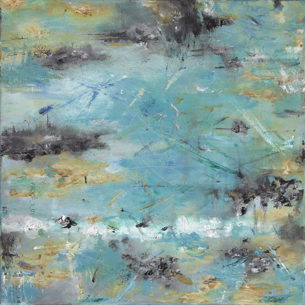 abstract painting of a  turquoise rusted industrial vent with highlights of black and gold 