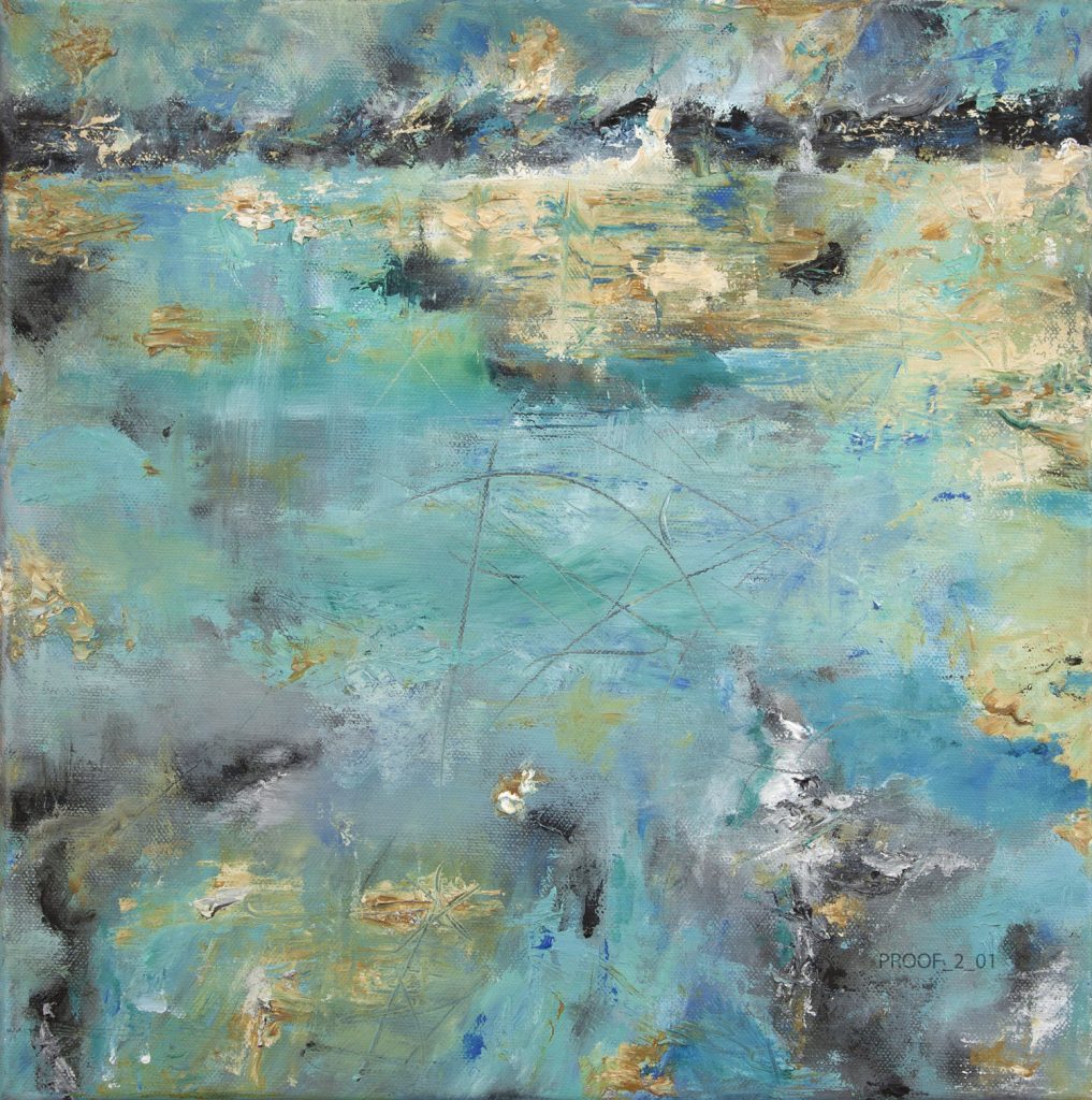 an abstract painting of black and gold rust on a turquoise metal roof vent