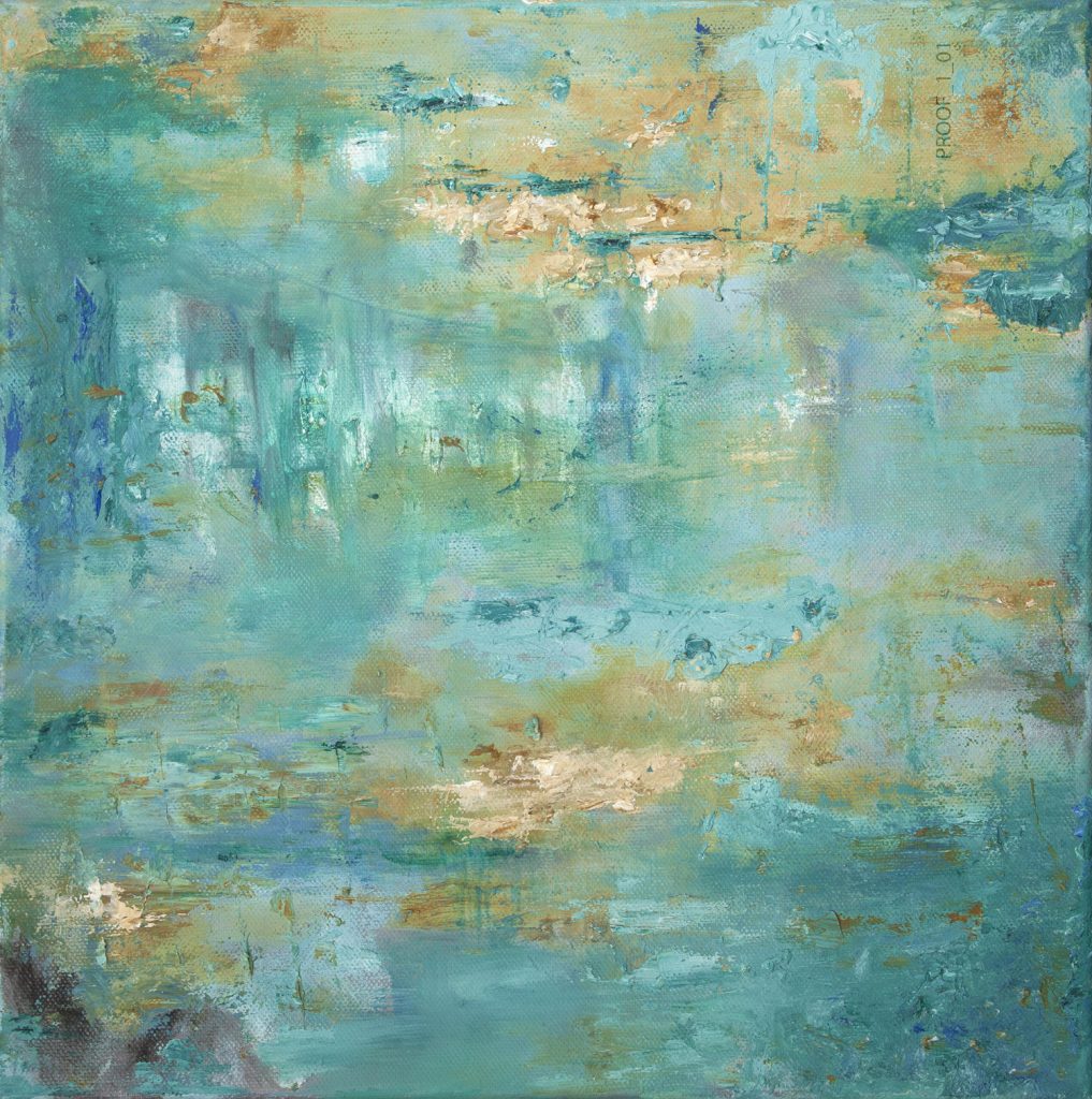 abstract painting of gold rust veins on a turquoise industrial vent which resembles calm water with a reflective sky