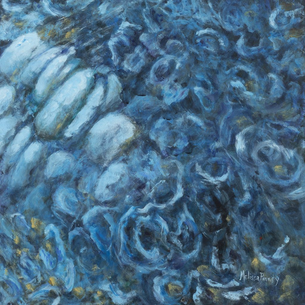 abstract painting in shades of blue  depicting sky reflections on the water